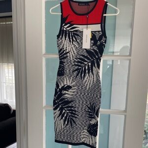 Karen Millen Red and Black Leaf Print Midi Dress